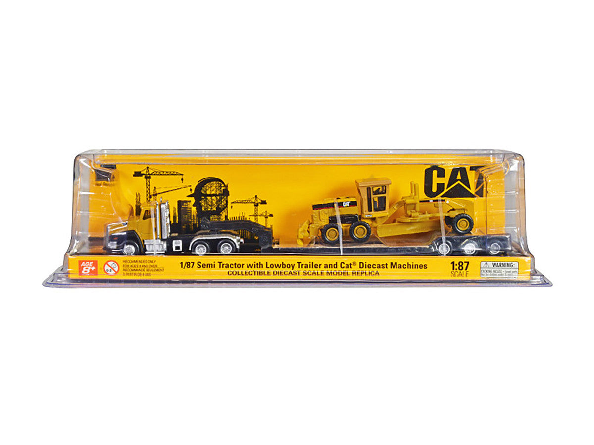 CAT Caterpillar CT660 Day Cab Tractor Yellow with Lowboy Trailer and CAT 163H Motor Grader Yellow 1/87 (HO) Diecast Model by Diecast Masters-0